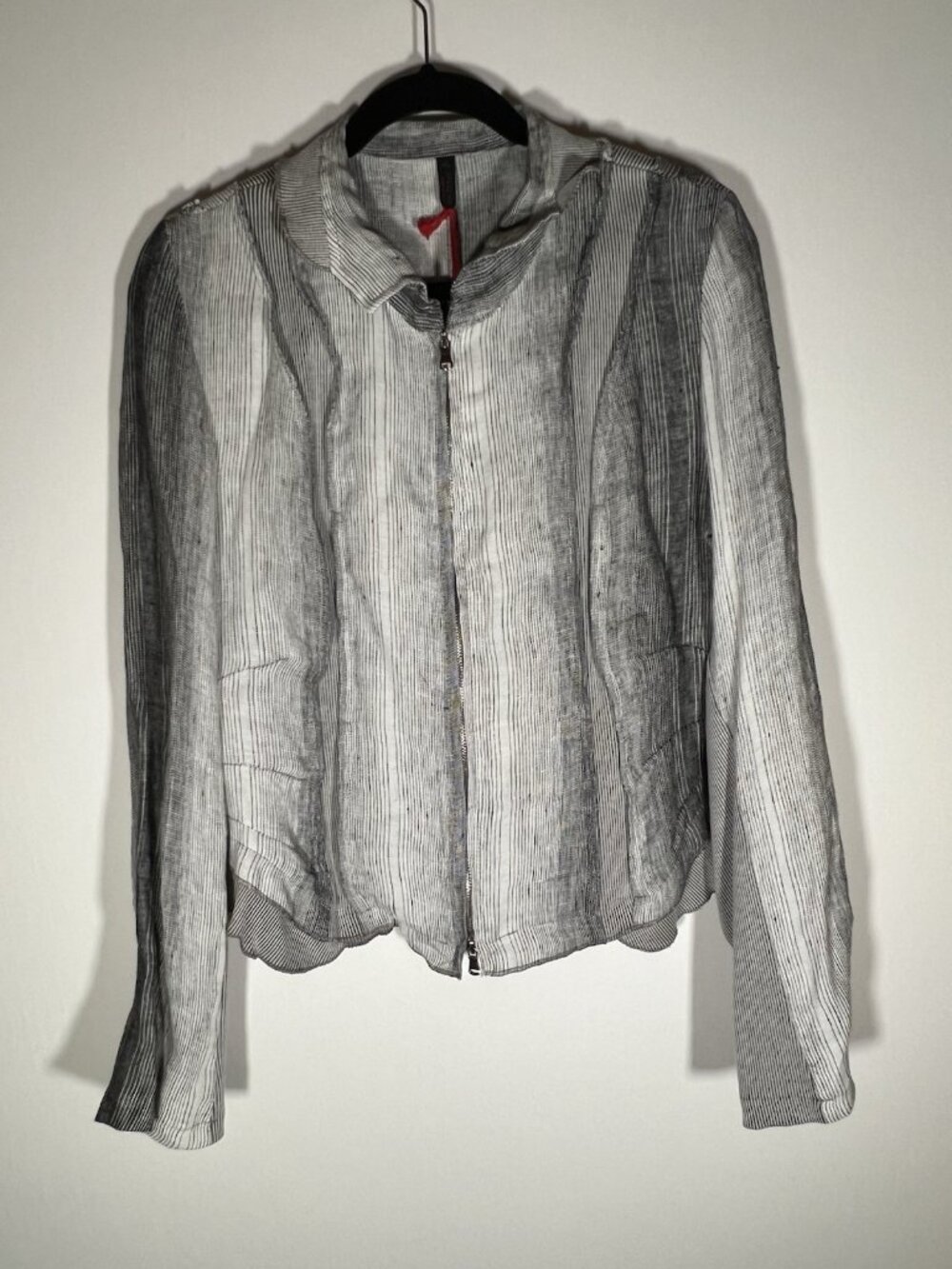 NWT Inizio black white linen cotton ruffle lagenlook zip-up jacket XL bohemian